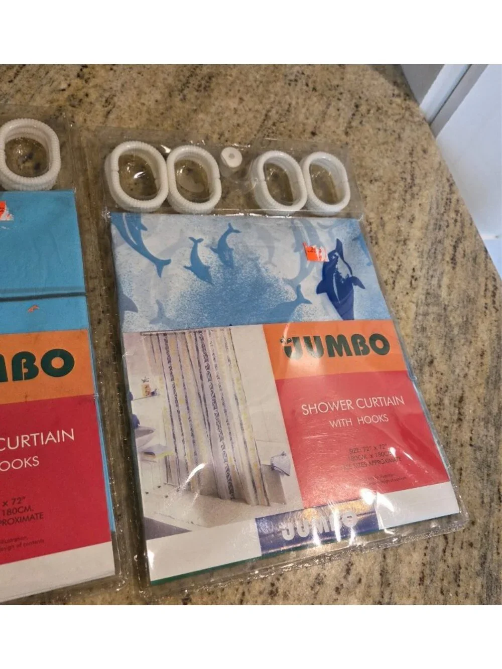 New! Lot of 2 Dolphin Shower Curtains w Hooks Blue Plastic Jumbo 72x72